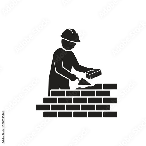 Construction Masonry Worker Building Brick Wall Icon Vector Silhouette. Professional Mason Crafting Foundation for Industrial Flexible Layout and Design Space.