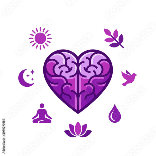 Mental Health and Emotional Intelligence Concept Vector. Heart Shaped Brain Icon Surrounded by Wellness Symbols including Meditation and Nature. Flexible Layout with Copy Space for Psychology.
