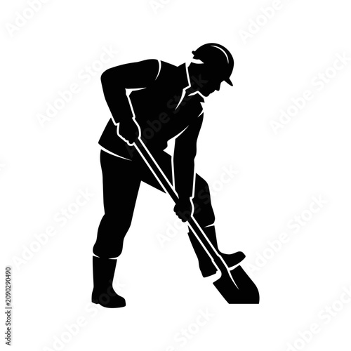 Minimalist Construction Worker Silhouette Digging with Shovel Labor Icon. Professional Manual Laborer Graphic with Hard Hat for Infrastructure. Flexible Layout Design Space.