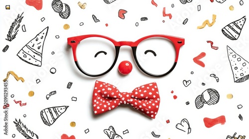 quirky character disguise kit with silly glasses, big red nose, party bowtie, confetti, and hand-drawn festive doodles, white background