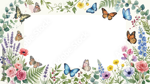 Elegant Floral Vector Frame with Butterflies and Flowers in Watercolor Style