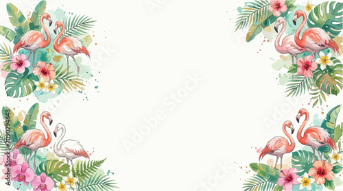 Vector Pattern Tropical Flamingos and Floral Elements in Watercolor Style for Summer Designs