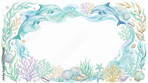 Vector Illustration of Dolphins and Coral Reef in Organic Style with Ocean Blue and Pastel Colors