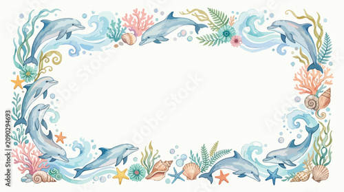 Decorative Vector Border with Dolphins and Sea Elements in Organic Style