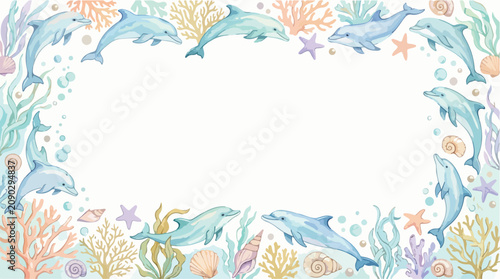 Decorative Vector Border with Dolphins and Coral in Soft Pastel Colors in Modern Organic Style