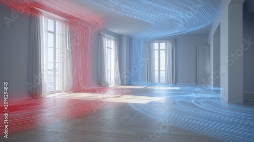 realistic room interior with subtle air current arrows, blue for cool and red for warm, visualizing energy-efficient airflow and circulation