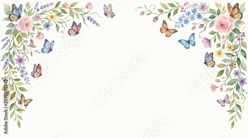 Decorative Floral Vector Pattern with Butterflies in Soft Pastel Colors in Organic Style