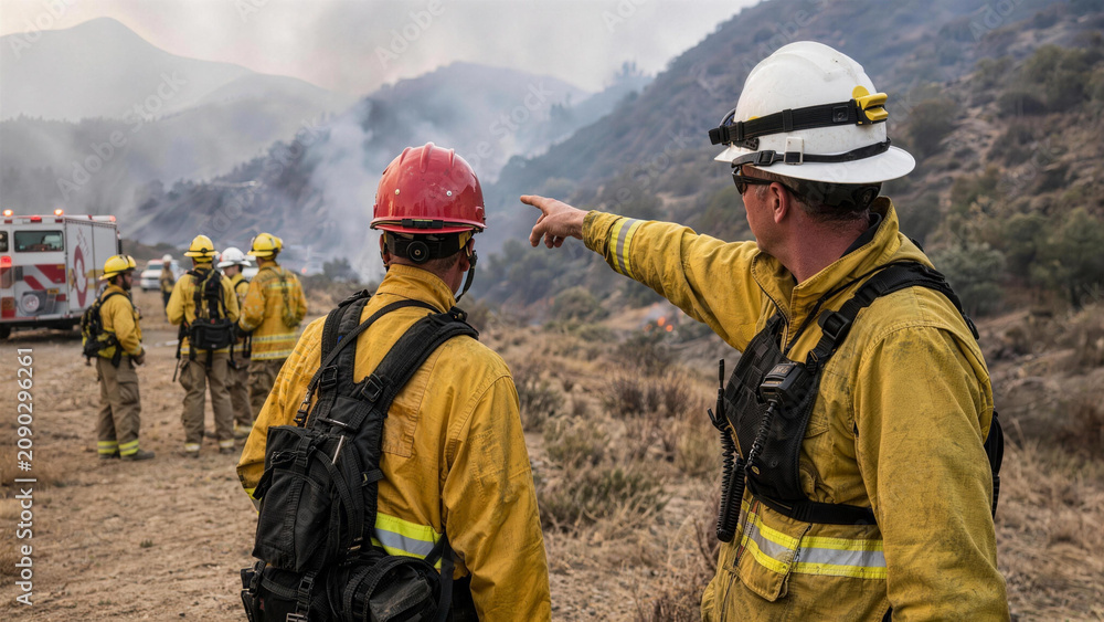 Fototapeta premium Wildfire Response Crew Planning Operations in Burned Landscape