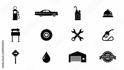 Vintage monochrome icons showcasing classic automobile maintenance with retro aesthetic ideal automotive themed projects vintage inspired designs