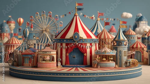 playful 3d composition of a circus village on podium base, with spinning rides, festive flags, ticket booth and crowd in celebration atmosphere