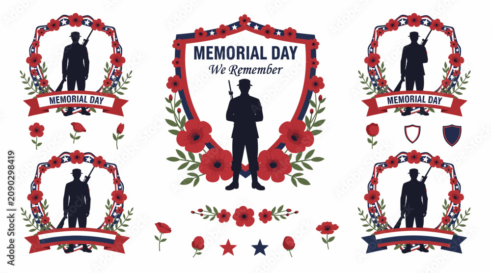 Fototapeta premium Memorial Day graphics with soldier silhouettes and poppy flowers