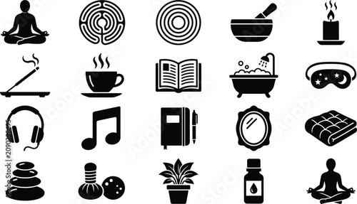 Canvas Print Mindfulness and Wellness Relaxation Icon Set for Mental Health Care, Meditation