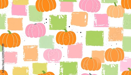 A colorful abstract pattern featuring pumpkins and geometric shapes