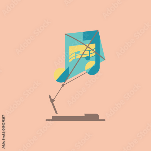 A colorful musical note kite flies against a soft background
