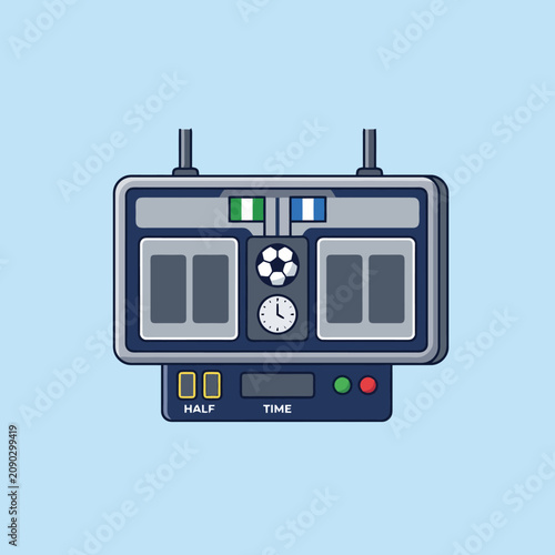 A digital soccer scoreboard illustration on a blue background