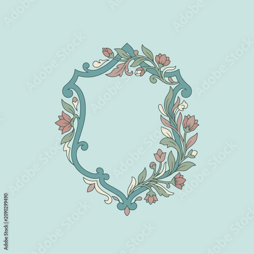 Elegant floral crest frame on a soft blue background