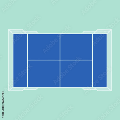 Top view of a blue tennis court on a green background