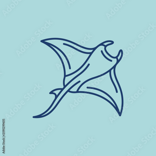 A minimalist blue line art illustration of a swimming manta ray