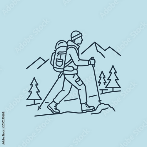 A hiker walks through a mountain landscape with trekking poles