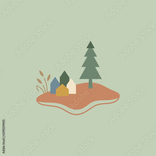 A minimalist illustration of small houses and a pine tree