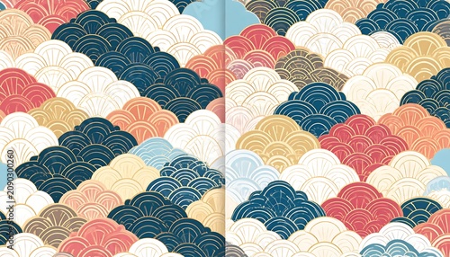 A colorful abstract pattern of overlapping semicircles in various colors