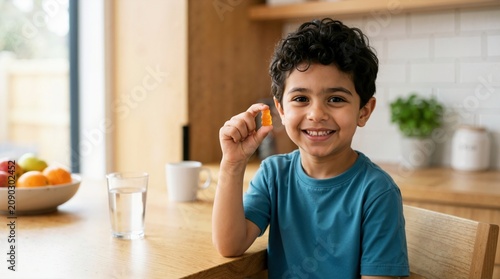 Smiling young boy holding an orange gummy vitamin at a kitchen table. Happy child with a dietary supplement and a glass of water. Pediatric health and wellness concept