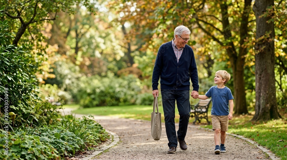 Fototapeta premium Elderly grandfather walking with his young grandson in a green park. Senior man holding hands with a child outdoors. Multi generation family concept