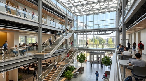 Modern University Campus Interior with Students and Bright Atrium
