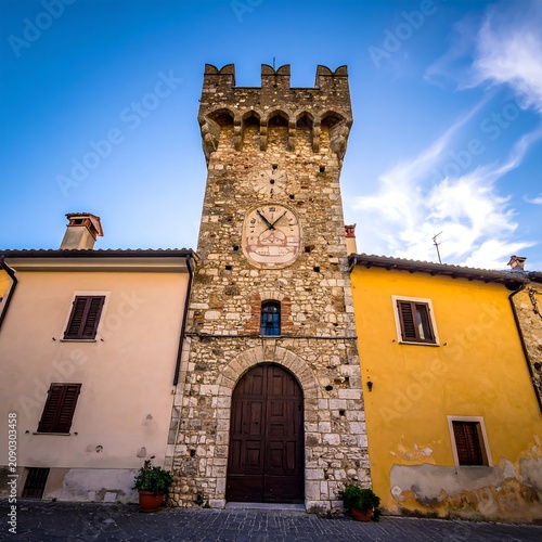A colorful ancient stone tower with a clock face between two buildings