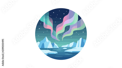 Vibrant aurora borealis dancing over a frozen arctic landscape with icebergs.