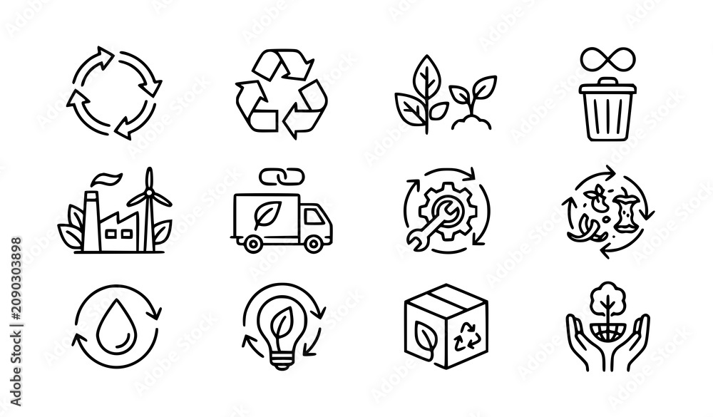 Fototapeta premium Resource Conservation and Circular Economy Line Icon Set Vector