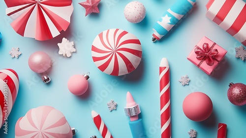 Christmas ornaments and striped peppermint candies arranged on a vibrant light blue background for festive holiday season greeting card design