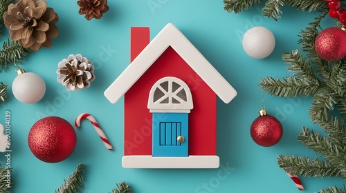 Miniature red house model surrounded by festive Christmas decorations including pine cones and red ornaments on a teal background