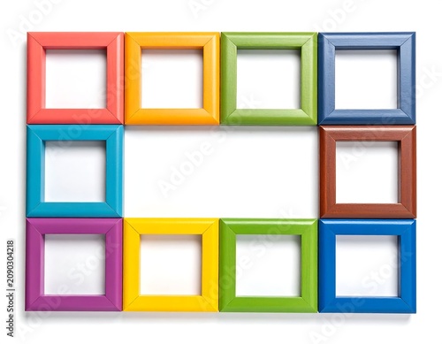 A colorful arrangement of 10 empty picture frames in various colors