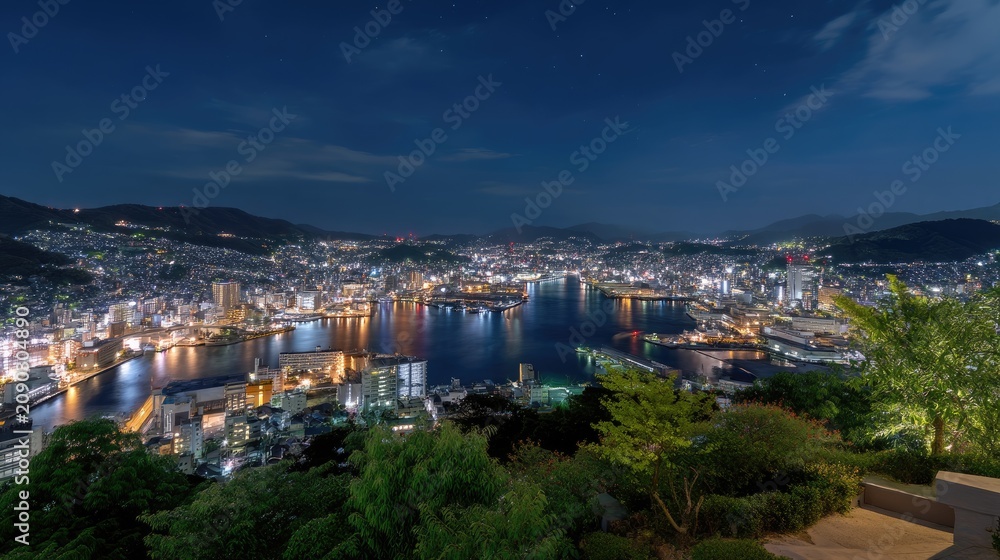 Obraz premium Vibrant Night Cityscape with Glimmering Lights and Calm Waters