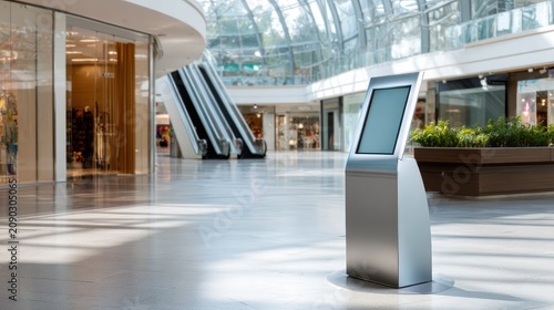 Modern Digital Kiosk in Bright Shopping Mall Interior Setting
