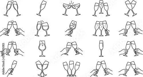 Schilderij op canvas Champagne Toast Line Icon Collection with Clinking Glasses and Celebration Drink
