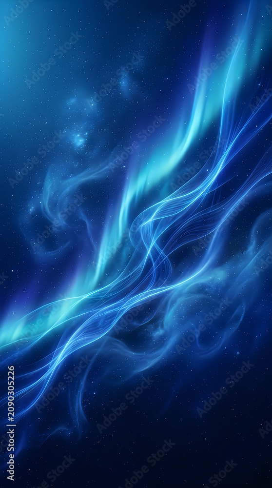 Fototapeta premium A vertical abstract composition of blue light waves and sparkling particles moving across a dark background representing energy and motion.