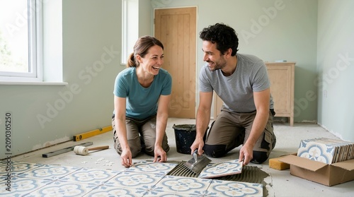 Smiling couple laying patterned floor tiles in a room. Happy man and woman doing DIY home renovation together. Tiling and interior remodeling concept
