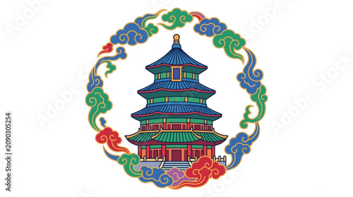 Traditional Chinese Temple of Heaven illustration with decorative colorful clouds.