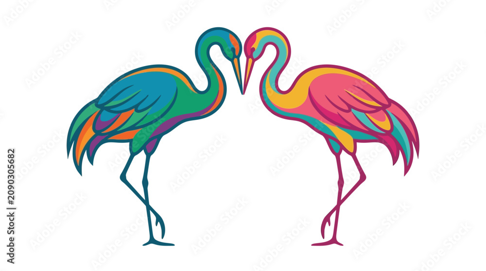 Fototapeta premium Two vibrant stylized cranes facing each other forming a heart shape with their necks.