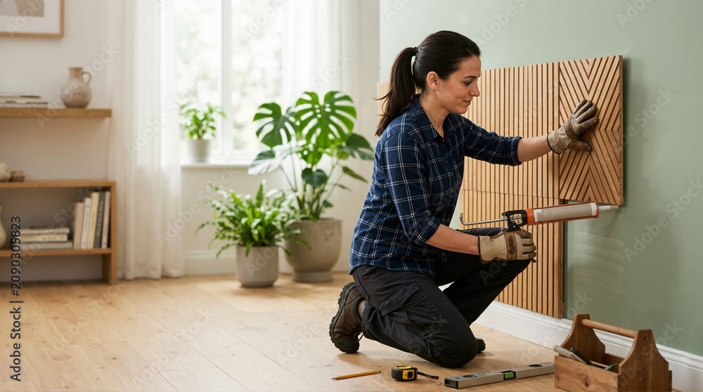 Fototapeta premium Woman installing decorative wooden panels on wall with caulking gun. Female carpenter doing interior design and home renovation project