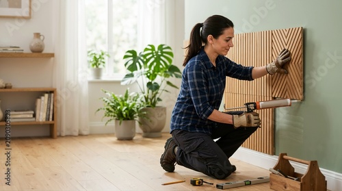 Woman installing decorative wooden panels on wall with caulking gun. Female carpenter doing interior design and home renovation project