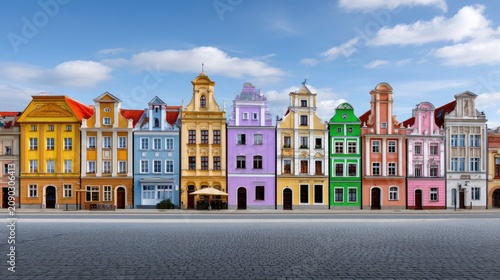 Colorful Historic Buildings with Blue Sky and Clouds in Background