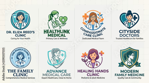Foto Professional medical clinic logo icons with doctor characters.