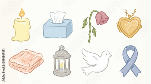 Canvastavla A collection of symbols representing grief, mourning, and remembrance, including a candle, tissues, a wilting rose, a locket, a blanket, a lantern, a dove, and a ribbon