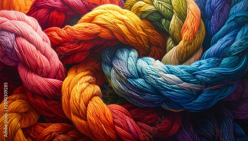 A colorful arrangement of intertwined ropes in various hues