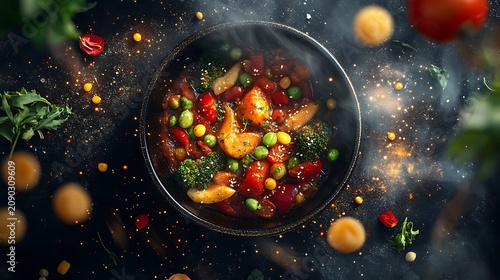 Vegetable stir fry in a black bowl with floating ingredients steam and sparkles on a dark textured table background
