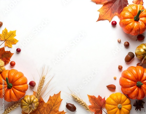 A colorful arrangement of pumpkins, leaves, and autumnal elements on a white background