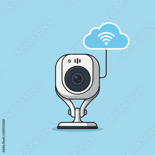 A modern security camera connects to a wireless cloud network